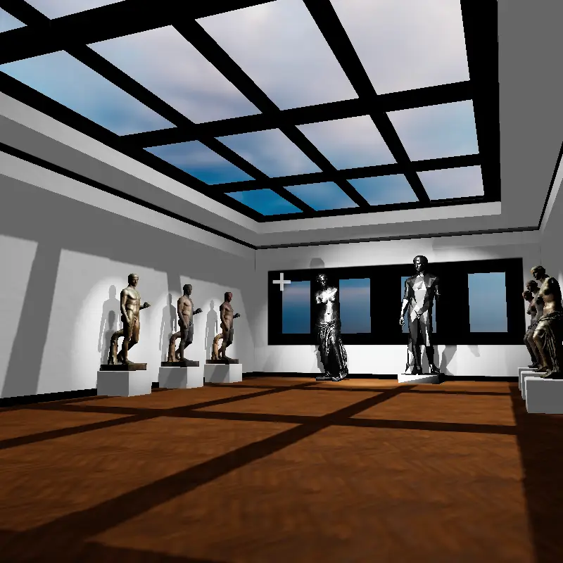 Full exhibition space with LED screens rendered in MockDatScreen
